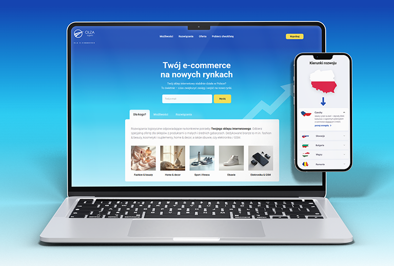 Landing page Olza Logistic na laptopie i telefonie — mockup ze starego portfolio.